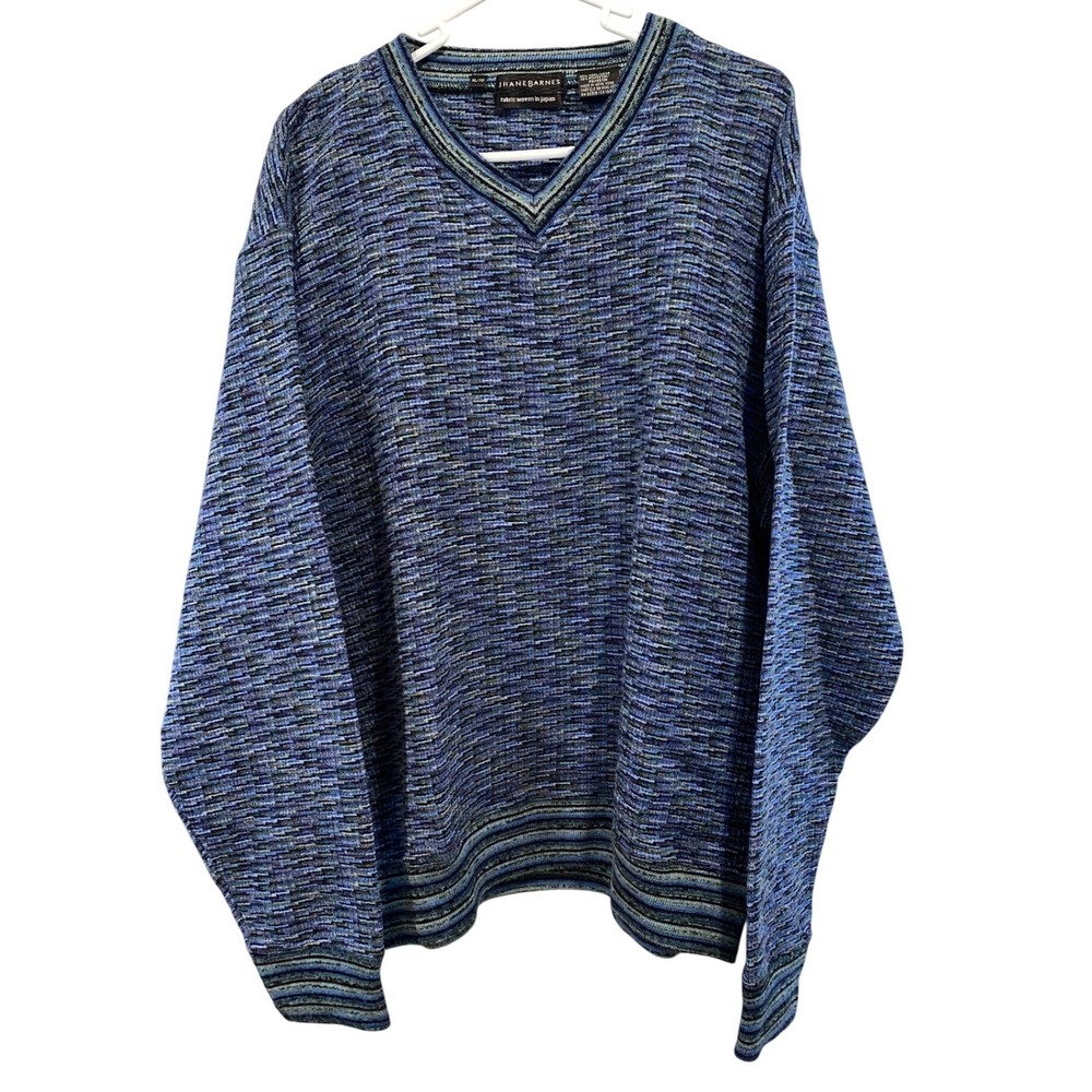 Vintage Jhane Barnes Mens XL Blue Multi Wool Blend V-Neck Textured Sweater Japan